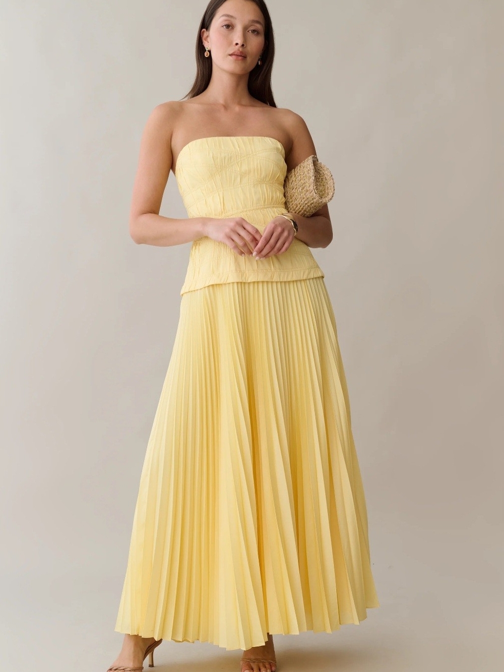 Sunlit Strapless Pleated Maxi Dress in Pale Yellow